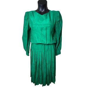 Pleated Drop Waist Green Silk Dress Puff Sleeve Sz 8 10 Maggy London Vtg 80's